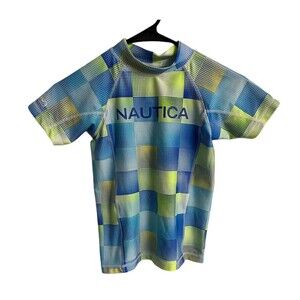 Nautica Rash Guard Boy's Size 5 Short Sleeve Mock Neck Green & Blue Swim Shirt
